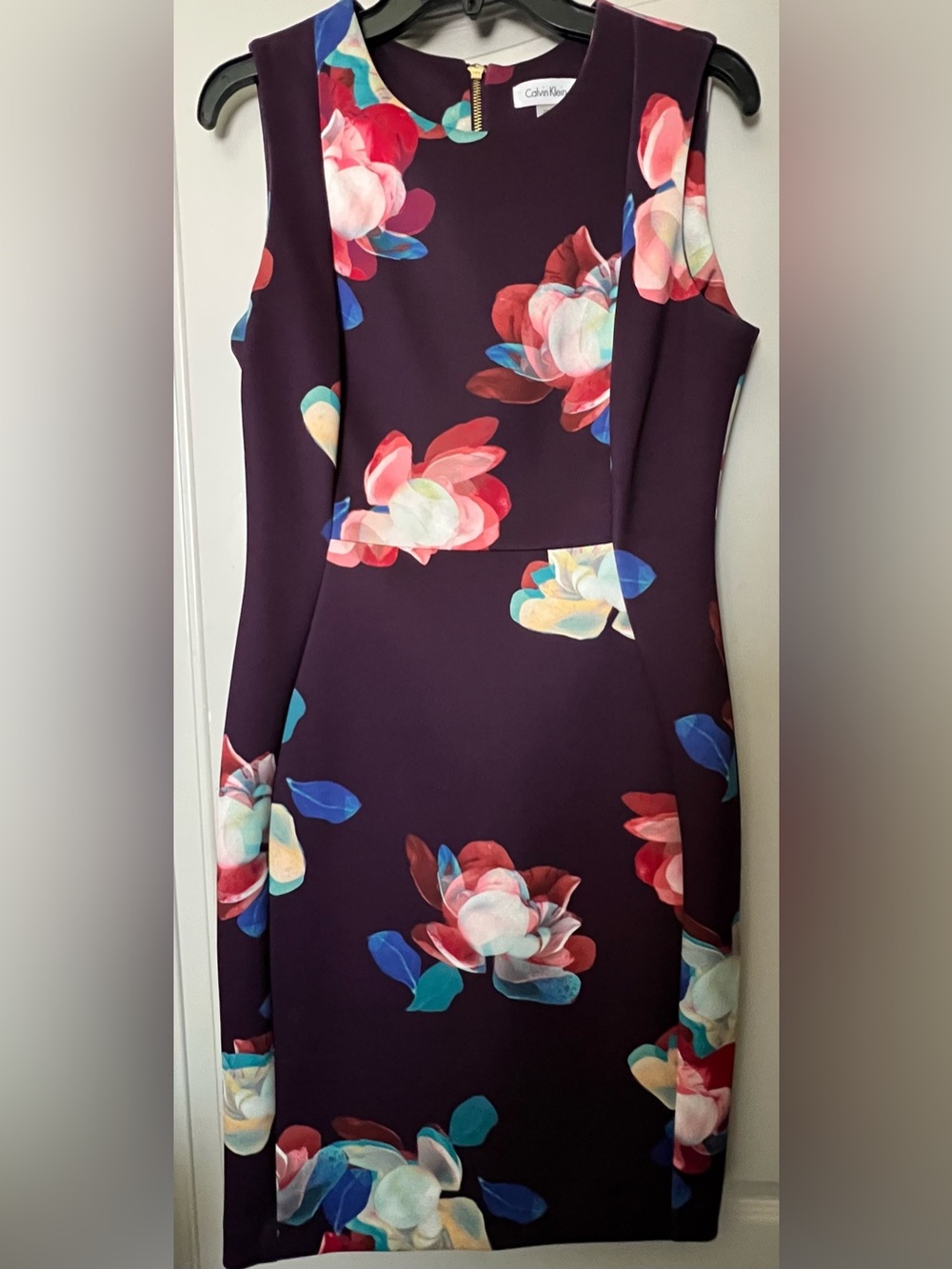 Calvin Klein Plum Floral Midi Sheath Dress with Multicolor Blooms